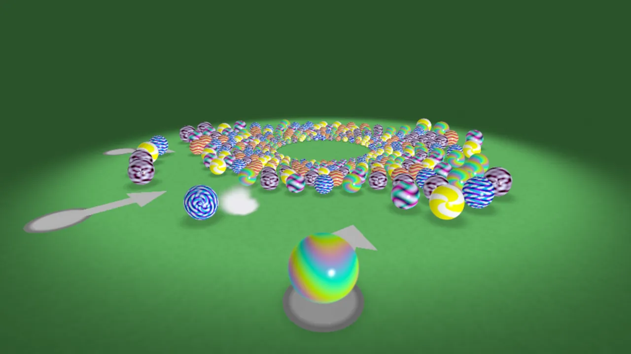 Marbrawl gameplay: launchers aiming at a ring of patterned marbles on a green table